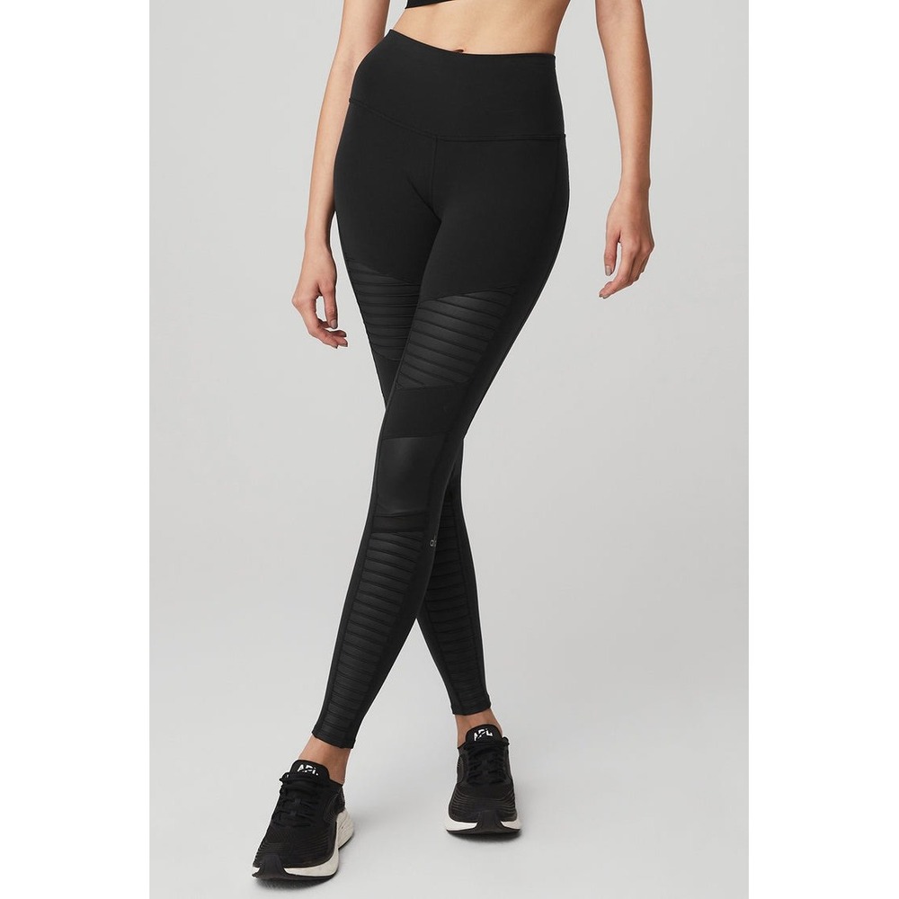 ALO Yoga Moto Leggings High Waist‎ Black Moto Panel Detail Athleisure Small
